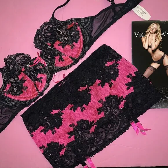 Victoria's Secret unlined 34C BRA SET+garter skirt HOT pink BLACK SEXY SEDUCTION - Picture 2 of 3